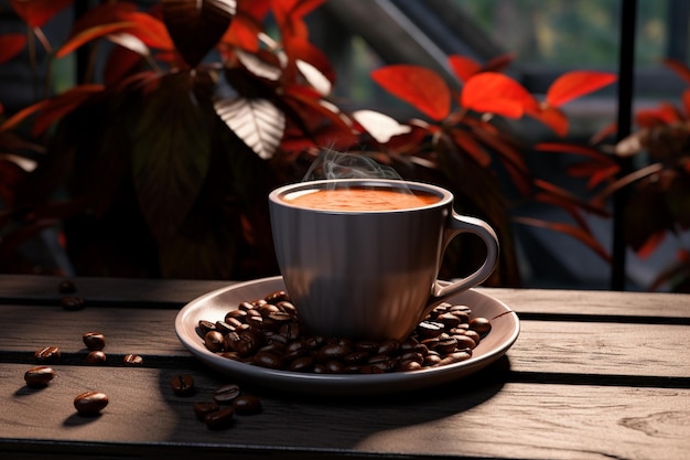 Banner concettuale Molti chicchi di caffè sono posti su botti di legno e tutt'intorno ci sono tazze di caffè