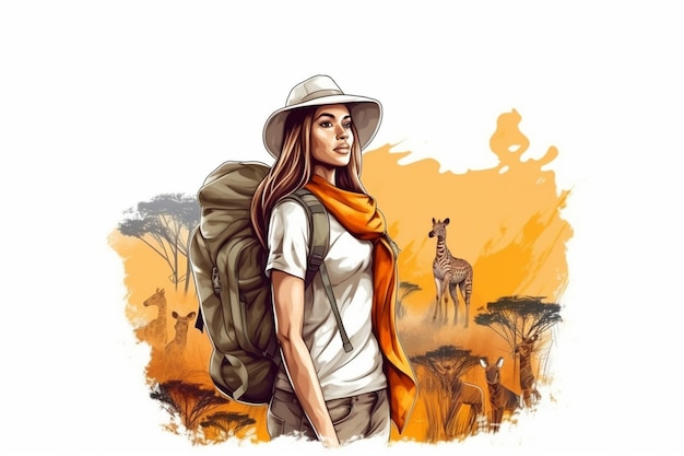 Banner concettuale ragazza viaggiatore Donna caucasica che viaggia attraverso il continente africano Illustrazione colorata della giovane donna viaggiatore nel cappello con zaino IA generativa