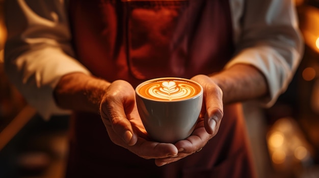Banner craft cafe barista di piccole imprese tiene una tazza con caffè latte art