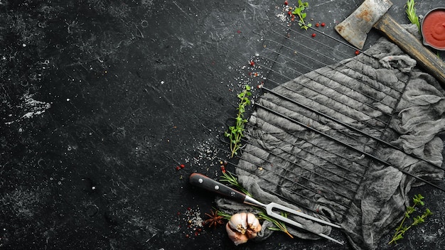 Banner culinario con spezie ed erbe aromatiche Vista dall'alto Stile rustico