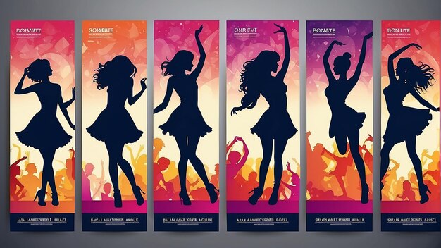 Banner da festa di danza Sfondio Flyer Templates Silhouette Dancing Girls Vector Design