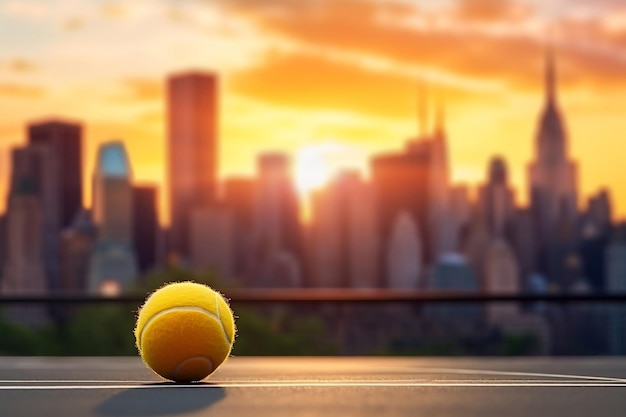 Banner da tennis con una palla da tennis gialla su uno sfondo sfocato Generative Ai