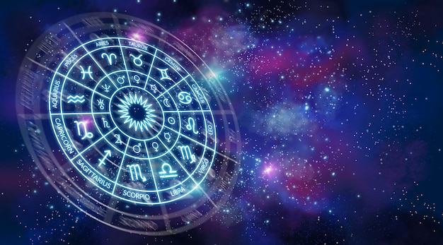 Banner del cerchio dello zodiaco sullo sfondo dello spazio Astrologia La scienza delle stelle e dei pianeti Conoscenza esoterica Pianeti sovrani Dodici segni dello zodiaco Copia spazio