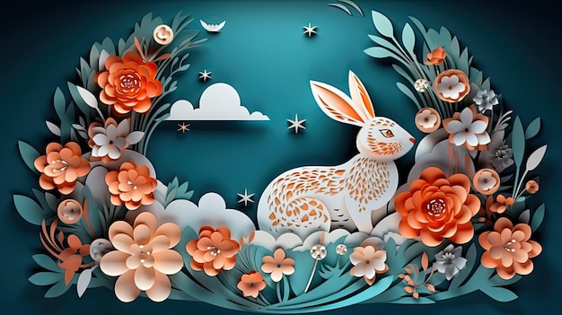 Banner del festival di metà autunno in carta tagliata con luna di coniglio