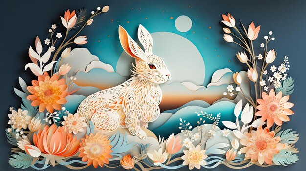 Banner del festival di metà autunno in carta tagliata con luna di coniglio
