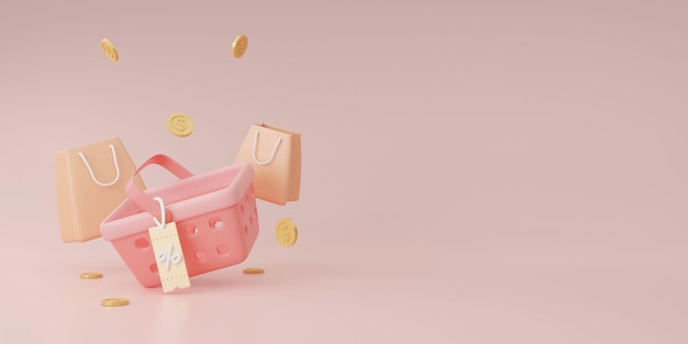 Banner del negozio online con carrello e sacchetti regalo e illustrazione del rendering 3D della moneta d'oro