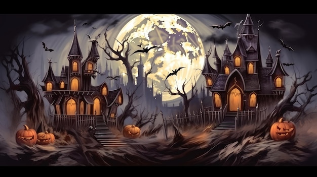 Banner della luna piena di Halloween con casa stregata e zucca