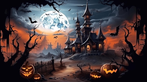 Banner della luna piena di Halloween con casa stregata e zucca