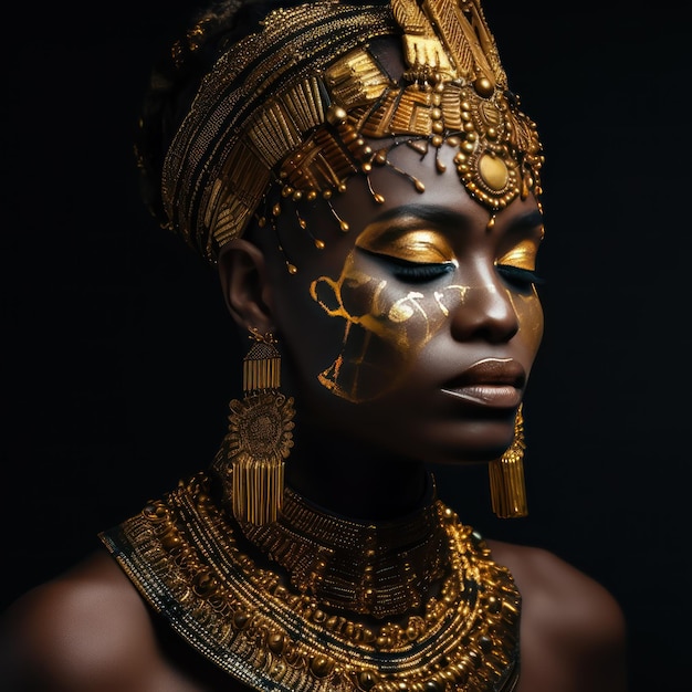 Banner di bellezza volto di donna africana fantasy in vernice dorata Pelle lucida dorata generata dall'intelligenza artificiale