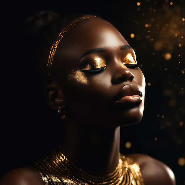 Banner di bellezza volto di donna africana fantasy in vernice dorata Pelle lucida dorata generata dall'intelligenza artificiale