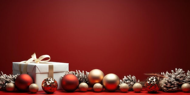 Banner di Buon Natale con decorazioni festive su sfondo rosso con spazio per la copia