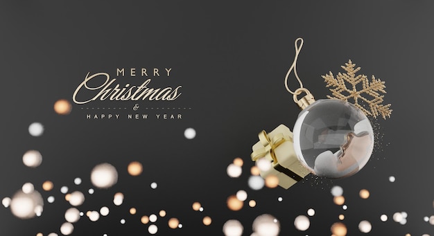 Banner di Buon Natale e Buon Anno con scatola regalo e regali di decorazione background3D rendering