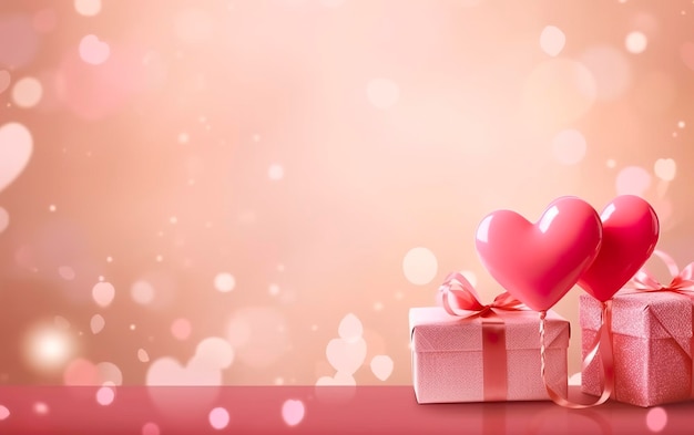 Banner di buon San Valentino Palloncini foil con cuori rosa e dorati con regali su bokeh rosa Sfondo di San Valentino Banner romantico Sfondo spazio vuoto per il testo AI Generativo