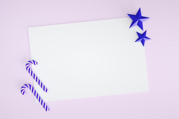 Banner di Capodanno con giocattoli blu canne e stelle rendering 3d