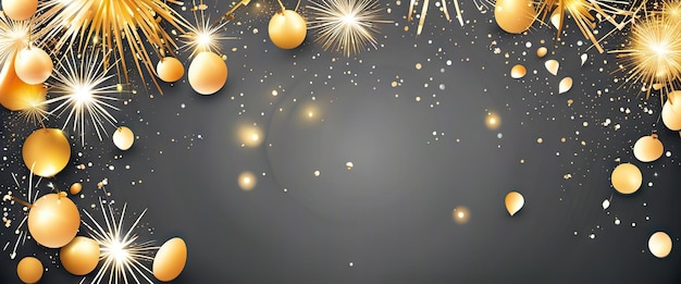 Banner di celebrazione del felice anno nuovo con stelle filanti e coriandoli su sfondo scuro atmosfera festosa per