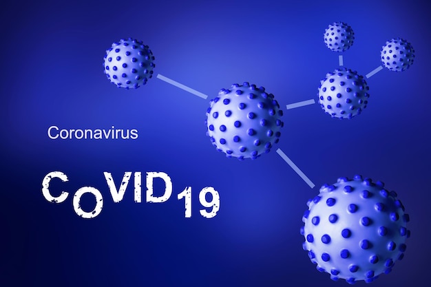 Banner di coronavirus COVID19 illustrazione 3d Germi della malattia COVID su sfondo blu Epidemia globale del virus della corona SARSCoV2 mortale