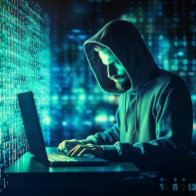 Banner di criminalità informatica digitale con spazio di copia che mostra hacker anonimo che commette criminalità informatica davanti all'IA generativa del computer