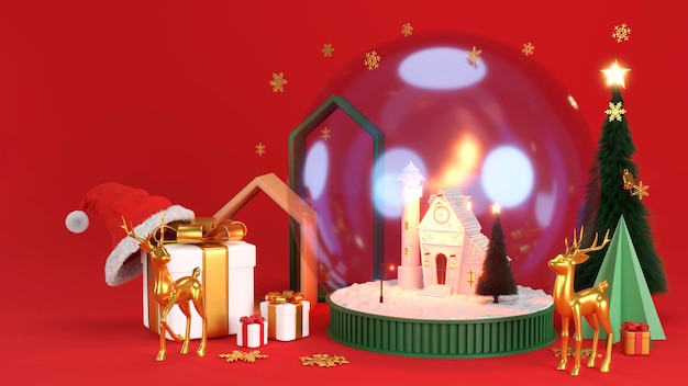 Banner di felice anno nuovo e buon Natale. Design realistico in 3d con globo di neve in vetro. Oggetto festivo di Natale. rendering 3D.