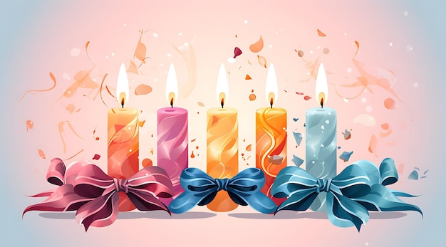Banner di fiamme di candela intrecciate con nastri e archi colori pastello Candlesmas 2D disegni piatti