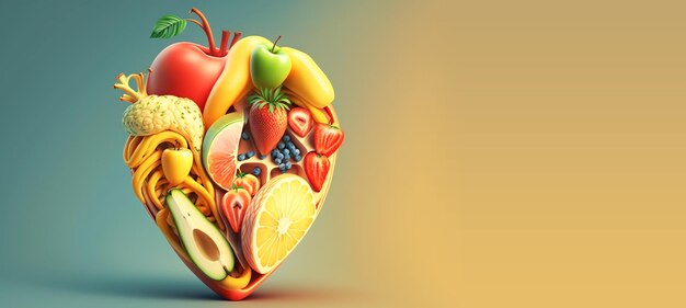 Banner di frutta e verdura a forma di cuore astratta Stile di vita sano Giornata mondiale dell'alimentazione