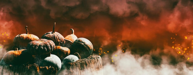 Banner di Halloween concetto di sfondoJack o lanterna mucchi di zucca e fumo di fuoco panoramico con spazio per la copia