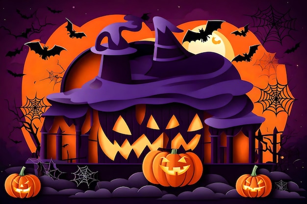 Banner di Halloween felice o sfondo di invito a una festa con nuvole pipistrelli e zucche su carta