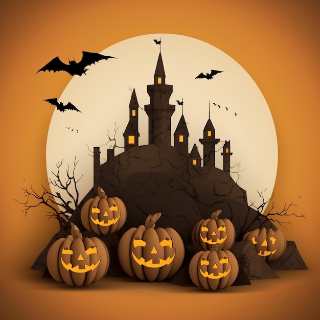 Banner di Halloween o invito a una festa sullo sfondo con nuvole pipistrelli e zucche illustrazione