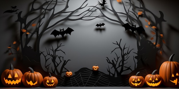 banner di halloweendecorazioni con lanternezucchealberi curvi pipistrelliillustrazione tagliata di carta