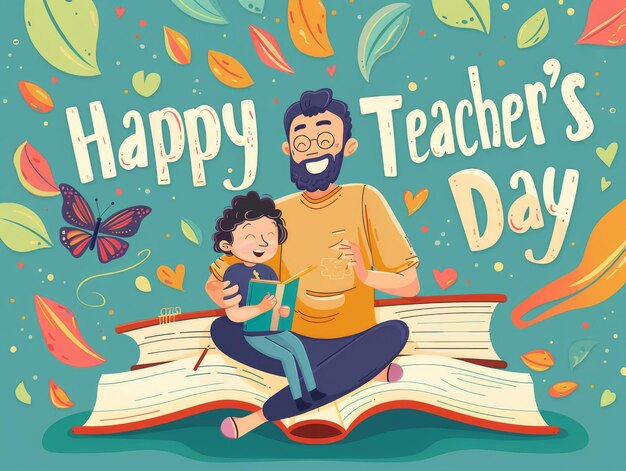 Banner di Happy Teacher Day con un insegnante e uno studente seduti su un libro gigante