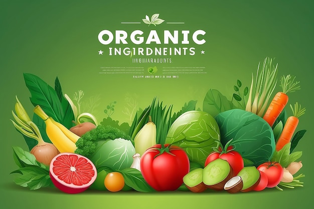 Banner di ingredienti biologici modello di progettazione per il concetto di cibo sano banner di cibo vegetariano per eco negozio e mercato