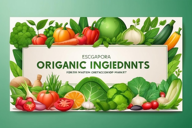 Banner di ingredienti biologici modello di progettazione per il concetto di cibo sano banner di cibo vegetariano per eco negozio e mercato