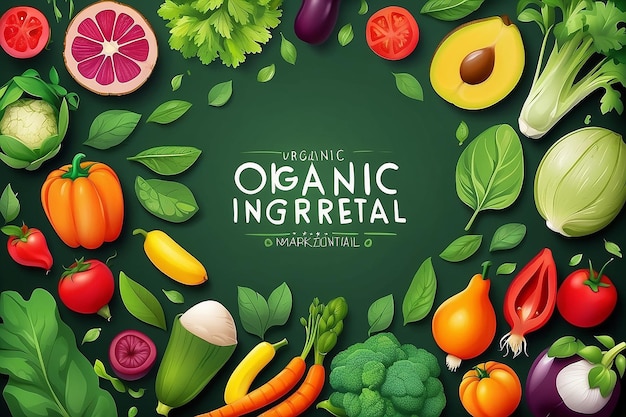 Banner di ingredienti biologici modello di progettazione per il concetto di cibo sano banner di cibo vegetariano per eco negozio e mercato