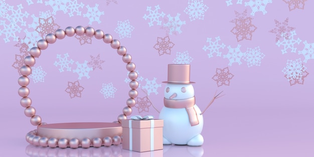 Banner di mockup di Natale e Capodanno Pupazzo di neve con podio su sfondo rosa pastello di Natale