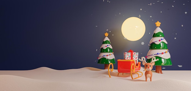 Banner di Natale 3d di simpatici elfi di Natale che mettono regali sulla slitta di Babbo Natale Albero di Natale decorato illustrazione di rendering 3D