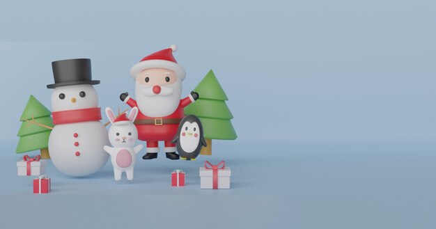 Banner di Natale con Babbo Natale carino, pupazzo di neve, pinguino e coniglio.