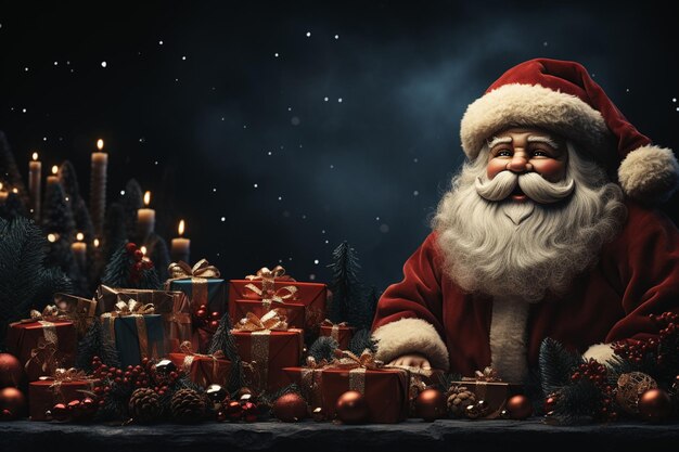 Banner di Natale con spazio vuoto per il testo Babbo Natale festeggia con scatole regalo rami di abete