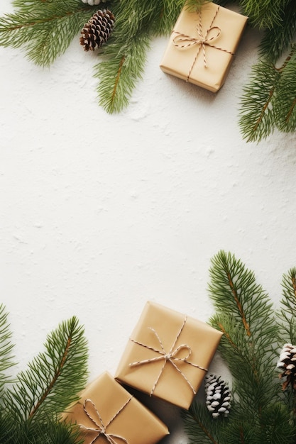 Banner di Natale o Capodanno sfondo bianco con posto per il testo con confezione regalo su rami di abete in alto e in basso