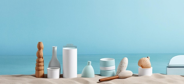 Banner di oggetti da spiaggia su sfondo blu morbido ai opere d'arte