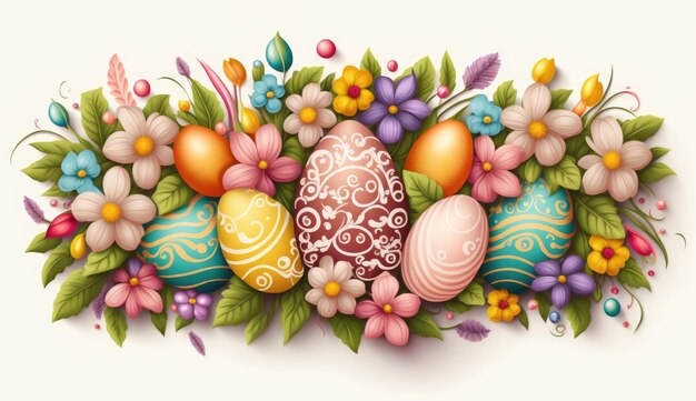 Banner di Pasqua Uova colorate e fiori primaverili IA generativa