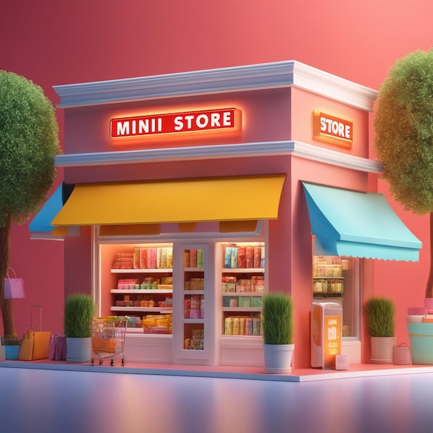 Banner di rendering 3D Mini Store Concetto di shopping online in background colorato