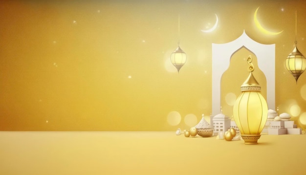 Banner di saluto Ramadan con sfondo giallo dorato