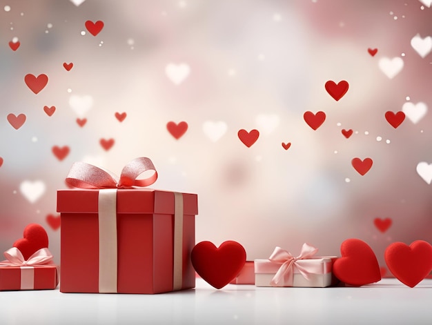 Banner di San Valentino con cuori e scatole regalo su sfondo rosso chiaro bokeh banner d'amore biglietto di auguri Poster di San Valentino con regali e cuori copia spazio Amore e relazioni