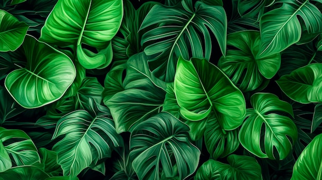 Banner di sfondo a foglie tropicali con disegno floreale verde Illustrazione generativa di AI