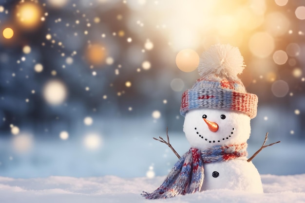 Banner di sfondo delle vacanze invernali di Natale Close-up di un carino uomo di neve divertente che ride con un cappello di lana