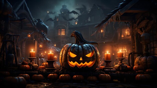 Banner di sfondo di Halloween Una casa infestata di pipistrelli e ragni