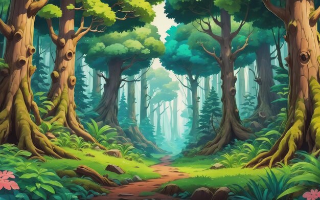 banner di sfondo foresta boschiva in stile cartone animato anime