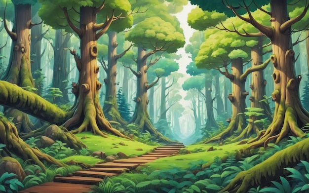 banner di sfondo foresta boschiva in stile cartone animato anime