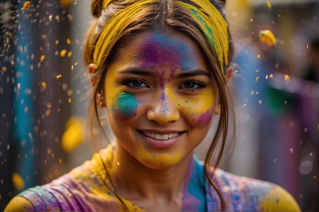 Banner di sfondo per invito a una festa holi con ragazza colorata in polvere holi