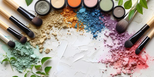 Banner di trucco minerale naturale e cosmetici ombre multicolori sfondo chiaro