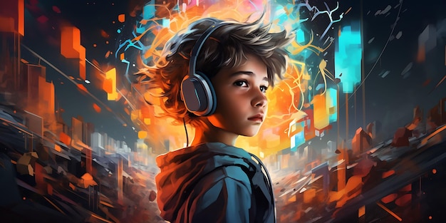 Banner di un giovane ragazzo immerso nel mondo della tecnologia Digital Native Gen Alpha Design
